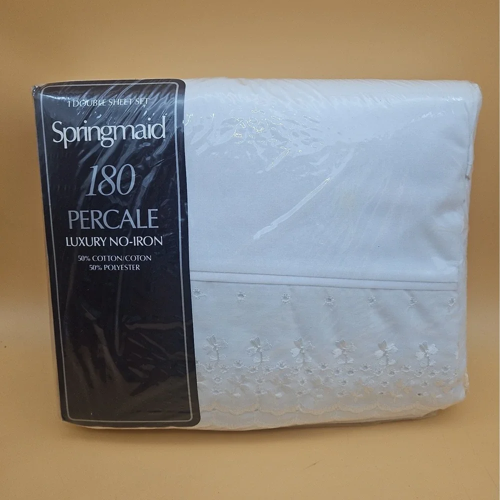 Vintage Springmaid 180 Percale Double Sheet Set NOS New White Floral Design